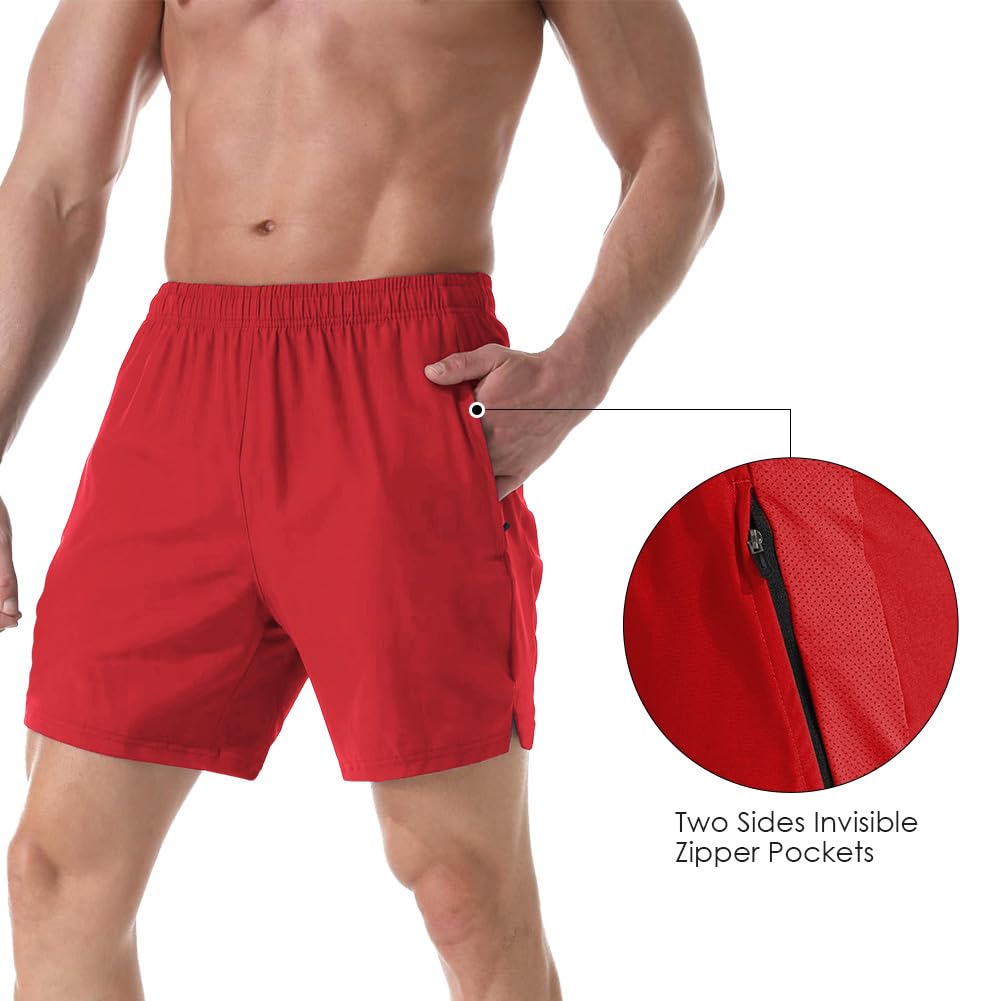 Gerlobal Men's 7" Athletic Running Shorts Lightweight Quick Dry Gym Workout Shorts with Zipper Pockets Red,Large