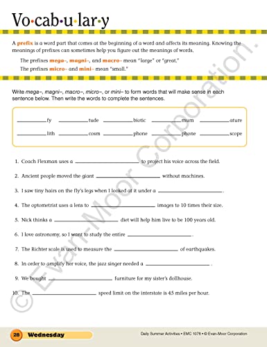 Evan-Moor Daily Summer Activities, Grade 7-8 Workbook, Prevent Learning Loss, Reading Comprehension, Writing, Math, Grammar, Punctuation, Spelling, Division, Decimals, Fractions, Geography, Map Skills