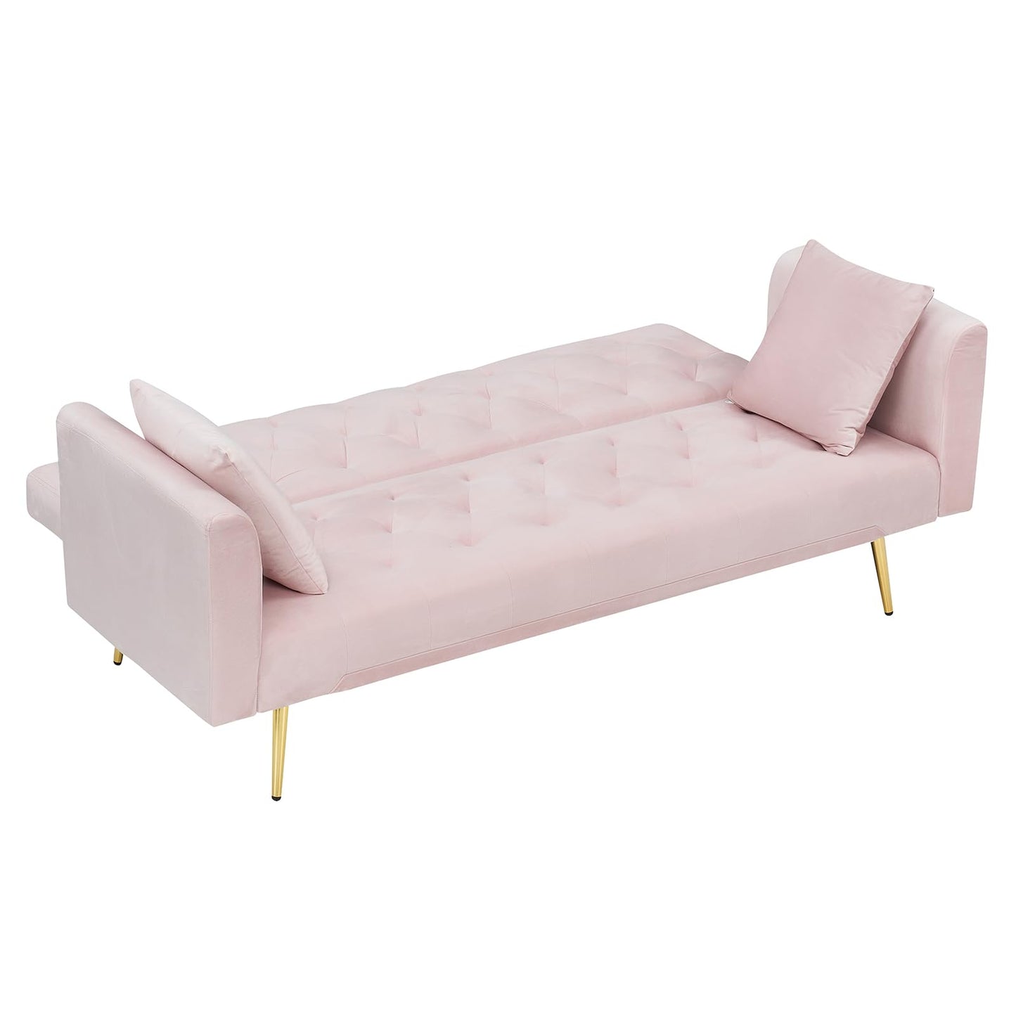 71" Modern Velvet Sofa Bed Futon, Convertible Sleeper Couch with Adjustable Backrest, Tufted Recliner Loveseat with Golden Chrome Legs & 2 Pillows for Small Spaces, Living Room, Apartment (Pink)