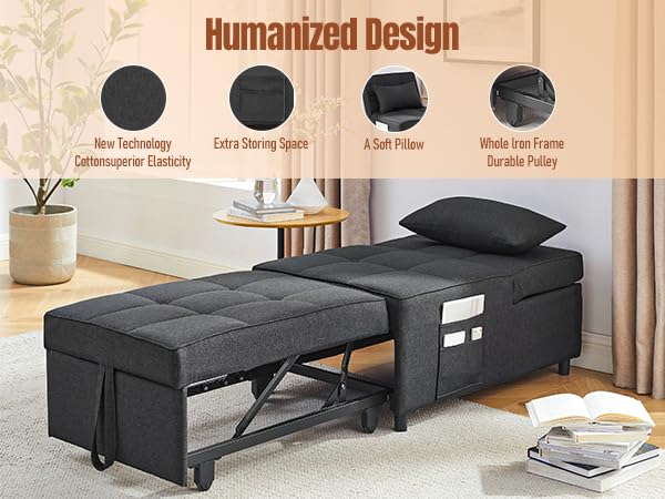 LegacyAmerhome Sleeper Chair, 4-in-1 Multi-Functional Sofa Bed Chair, Single Recliner with Pillow Side Pockets and 5 Levels of Adjustable Backrest, for Living Room Bedroom (Dark Gray)