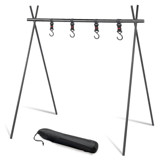 Foldable Tripod Camping Hanging Rack - 4 Hooks Outdoor Cookware Storage Portable, Outdoor Camping Folding Rack (Large)