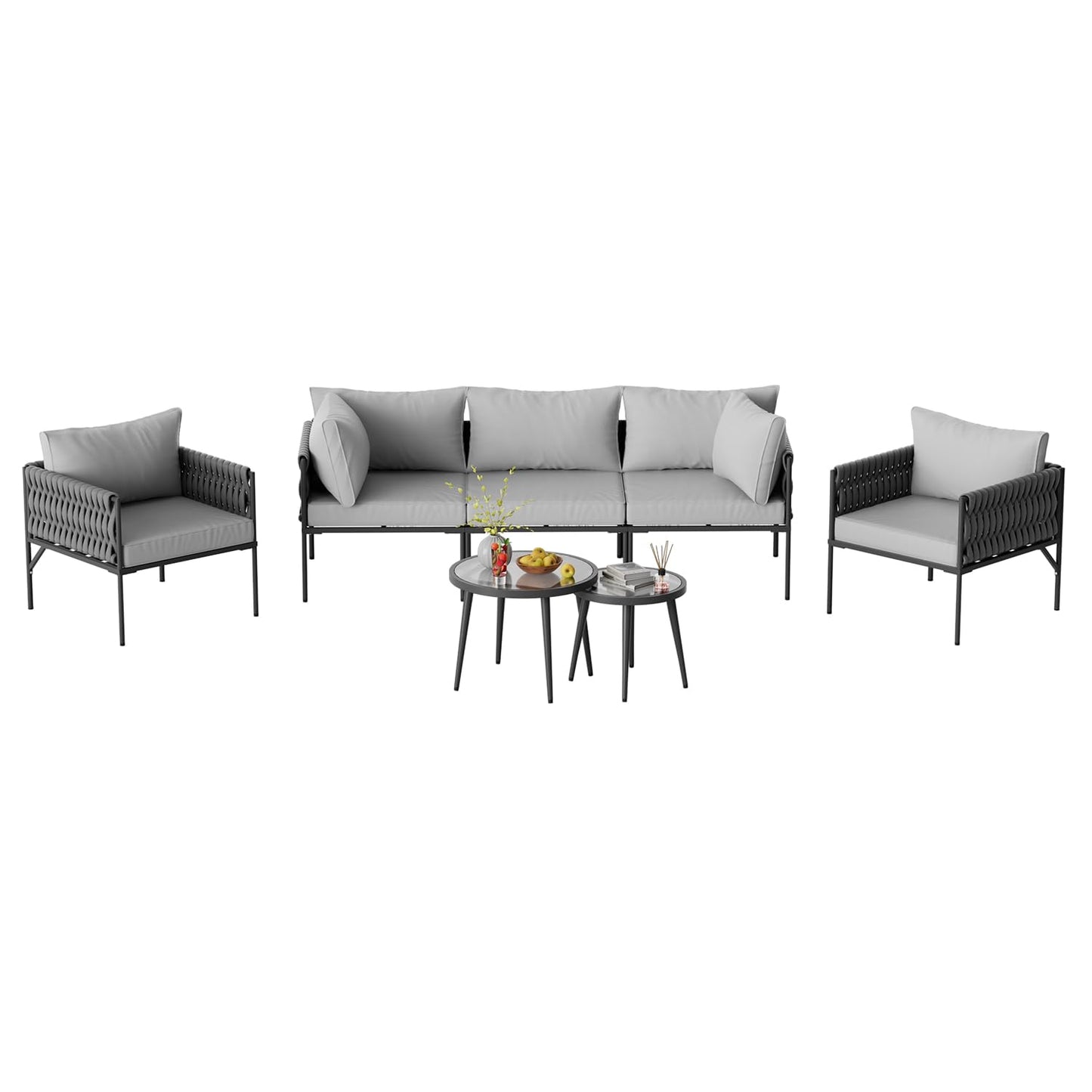 Aluminum 7-Piece Outdoor Patio Furniture Set, Conversation Sets with Comfortable Cushions, outdoor sectional and Tempered Glass Tables for Porch, Balcony, Poolside, Balcony & Courtyard (Gary)