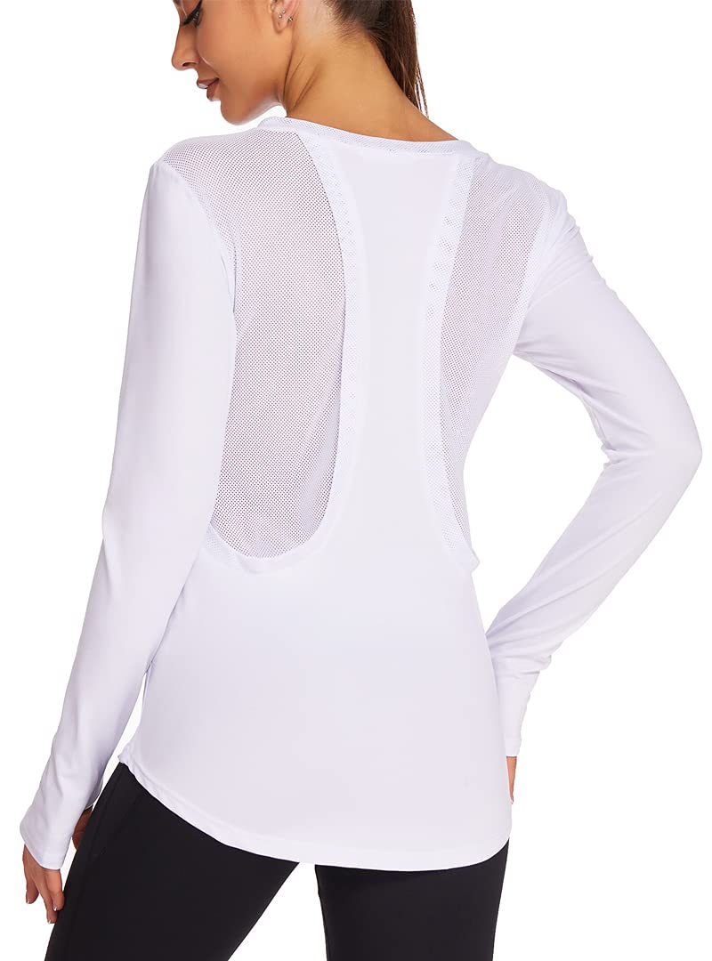PINSPARK Long Sleeve Workout Tops for Women Mesh Breathable Yoga Tops Hiking Gym Shirts Quick Dry Running Clothes White S