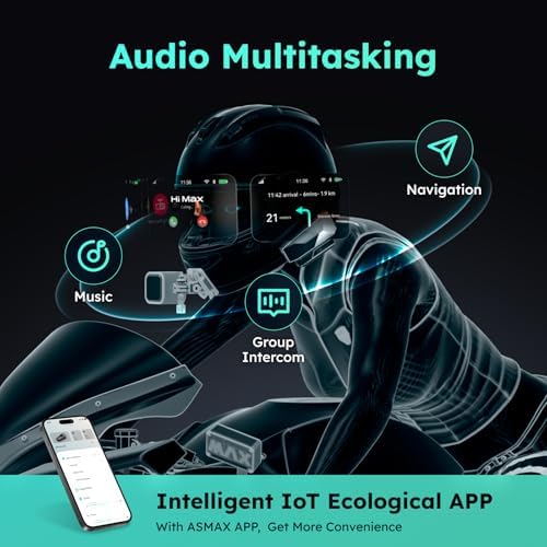 ASMAX F1 3-Mode Motorcycle Helmet Intercom for 10 Riders, Offline Voice Control Motorcycle Bluetooth Headset with Hi-Fi Speaker, Multitasking,Mesh Helmet Communication Systems, Fast Charging, 2 Pack