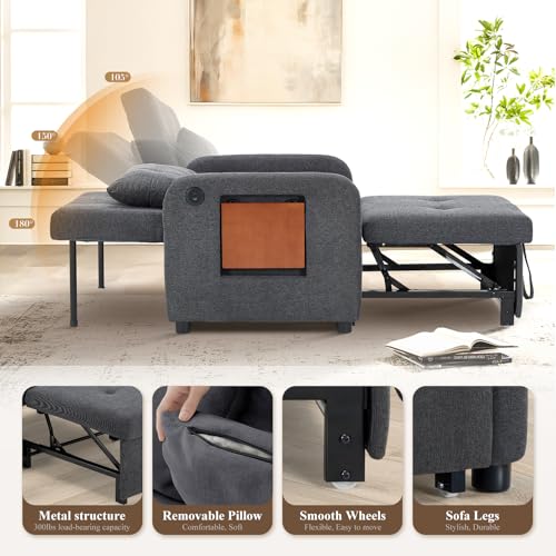 COLAMY Convertible Sleeper Chair-Fabric Futon Sofa Bed, Single Sleeper Sofa, Small Couch Bed with USB Port, Foldable Table, Pillow, Adjustable Backrest for Dorm/Bedroom/College Darkgrey