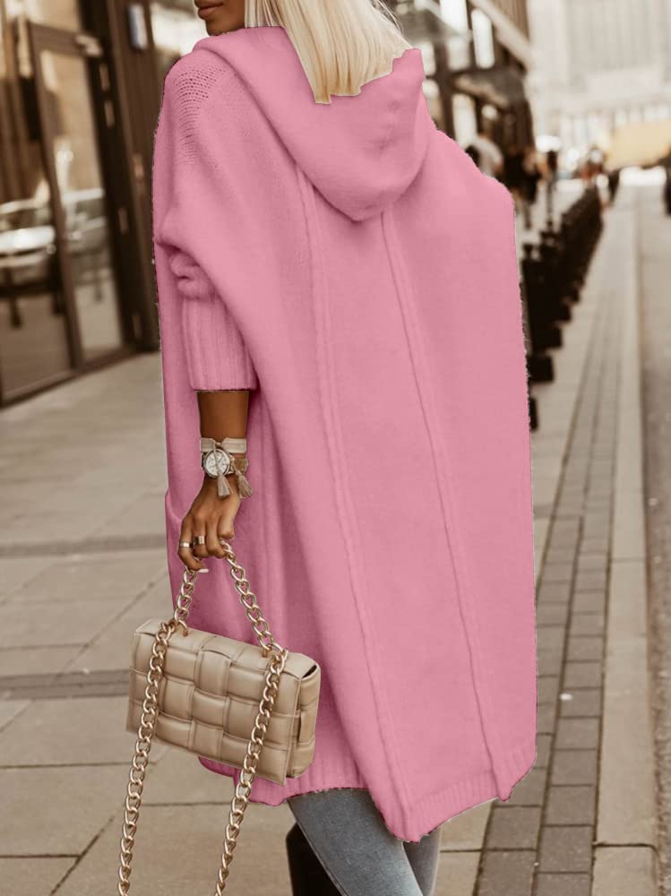 Aoysky Womens Long Cardigans Cable Knitted Open Front Oversized Hooded Outerwear Sweater Coat Pink