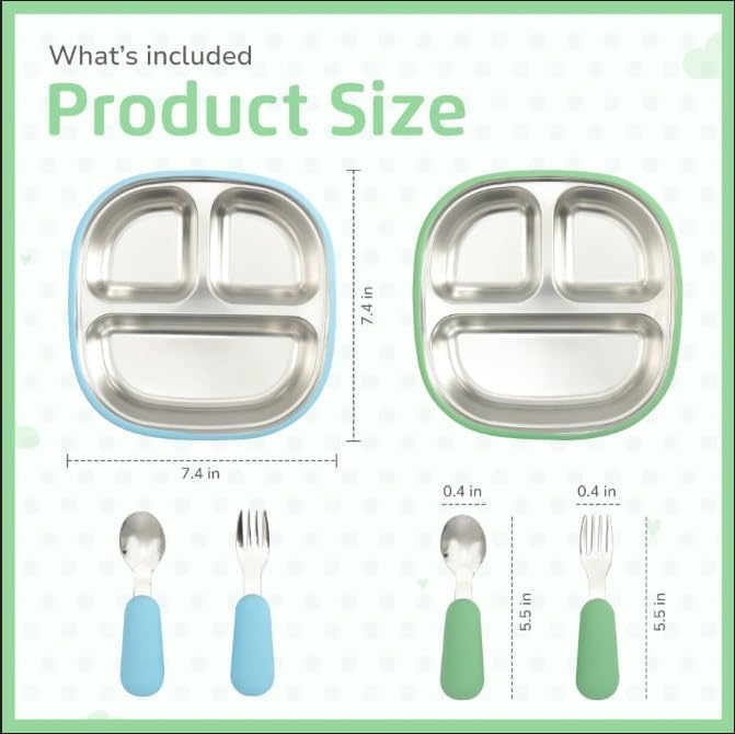 LYA Stainless Steel Suction Plates for Baby - Food Grade Stainless Steel Baby Feeding Set with Removable Silicone Wrap - 2x Children’s Non-Toxic Plates with 2x Baby Spoons and 2x Forks - Blue/Mint