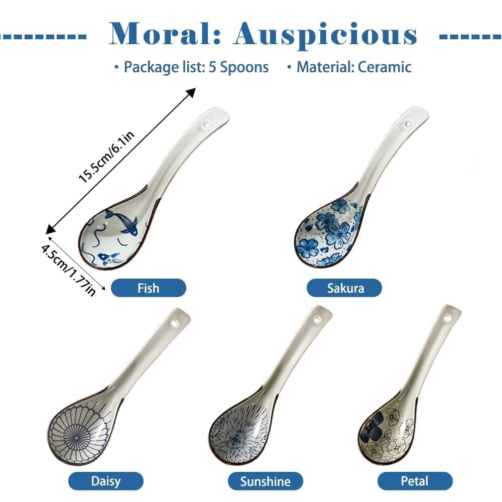 Raelitego 5pcs Asian Soup Spoon, Ceramic Chinese Soup Spoons, Deep Oval Hook Non-slip Japanese Spoons for Rice Ramen Pho Miso Soup Wonton Noodle, Luck and Prosperity Gifts for Friends Parents Family