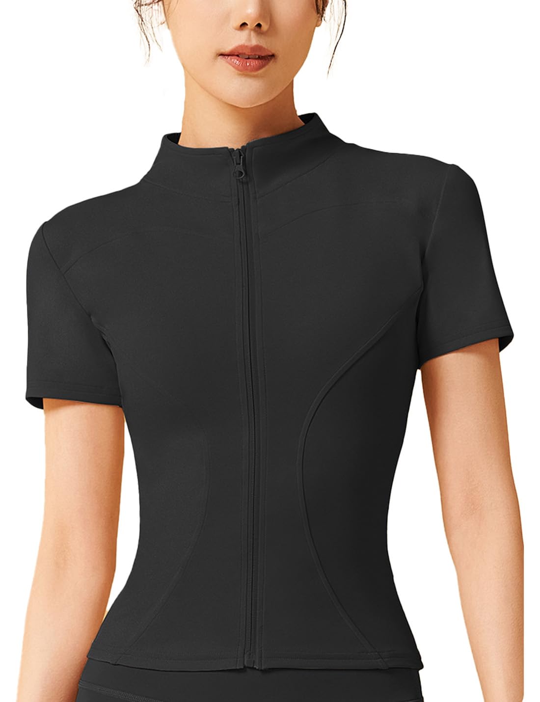 COWOKA Women's Workout Jacket Slim Fitness Casual Short Sleeve Sports coat Yoga Tops Black XL