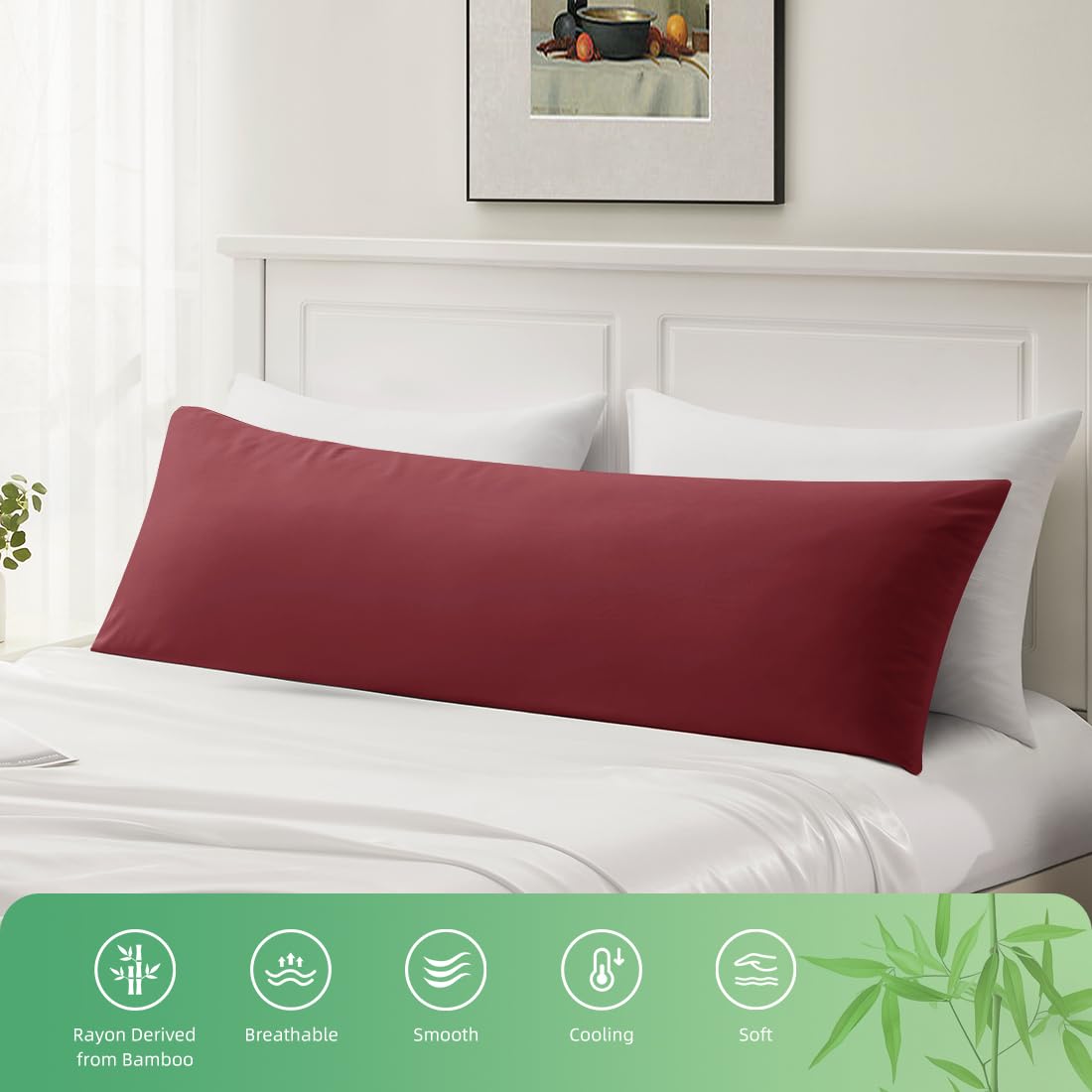 Body Pillowcase, Cooling Viscose from Bamboo Pillow Cover with Zipper Closure, Soft Moisture-Wicking for Hot Sleepers, Hair and Skin-Friendly, Burgundy, 1 Pack