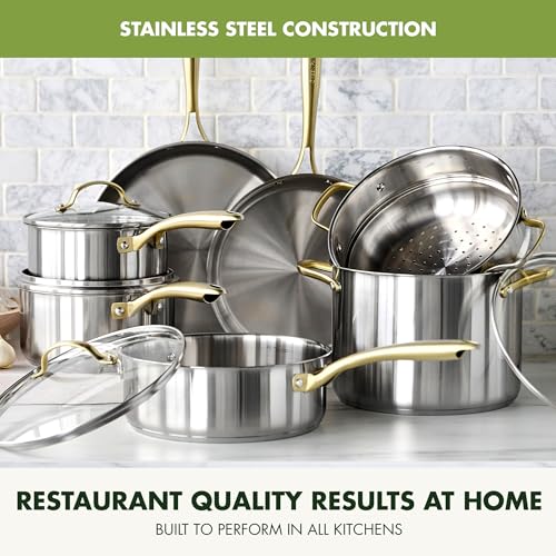 GreenPan 11 Piece Stainless Steel Cookware Set, Induction Ready, Tri-Ply Multiclad Pots & Pans with Lids, Compatible on All Cooktops, Measurement Markings, Dishwasher & Oven Safe, Swift, Gold Handles