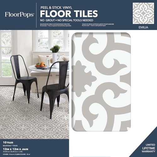 FloorPops FP3895 Emilia Peel & Stick Floor Tiles, Neutral