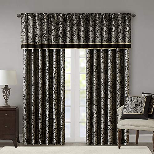 Madison Park Aubrey 2 Panel Curtain Faux Silk Paisley Jacquard, Rod Pocket Curtain For Living Room, Kitchen, Room Darkening Window Drape for Bedroom and Dorm, 2-PK 50x84", Black