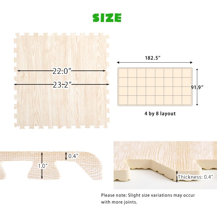TANSU NO GEN 3/8 Inch Thick Printed Foam Tiles, Wood Grain Interlocking Foam Floor Mats, Anti-Fatigue Flooring, 32 Tiles, Off White, – Produced by Japan. 18710013(97851)