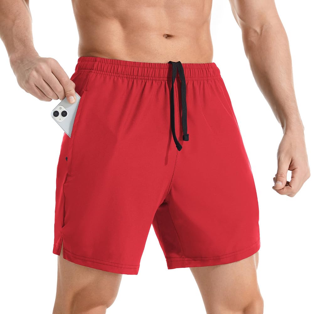 Gerlobal Men's 7" Athletic Running Shorts Lightweight Quick Dry Gym Workout Shorts with Zipper Pockets Red,Large