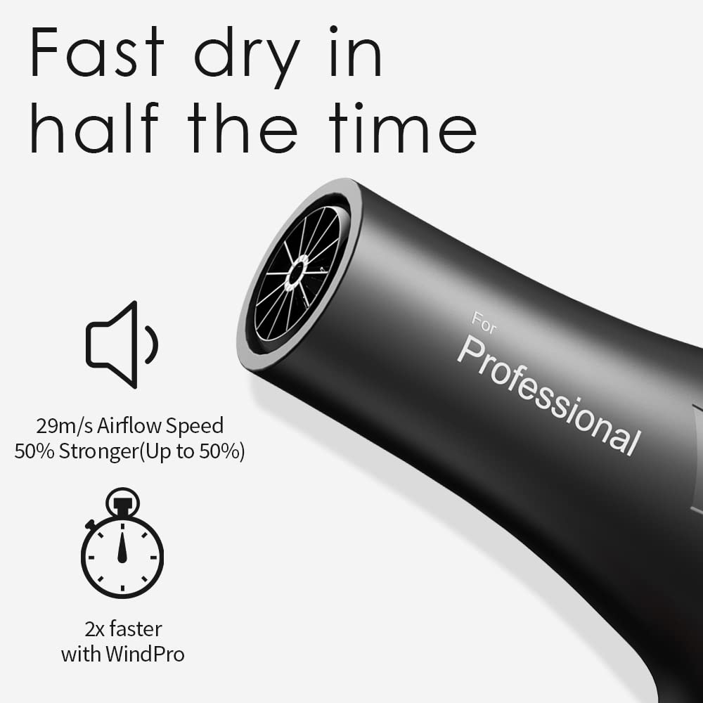 Faszin Ionic Salon Hair Dryer, Professional Blow Dryer AC Motor Fast Drying with 2 Speed, 3 Heat Setting, Cool Button, with Diffuser, Nozzle, Concentrator Comb for Curly & Straight Hair-Black