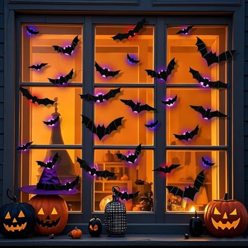 Halloween 3D Lighted Bats, 2025 Halloween Must-Have Halloweens 3D Lighted Bats, Light up Batss for Halloweenn, Glowing Halloweenr Hanging Bat Decor, 3D Bat LED Decoration (24PCS)