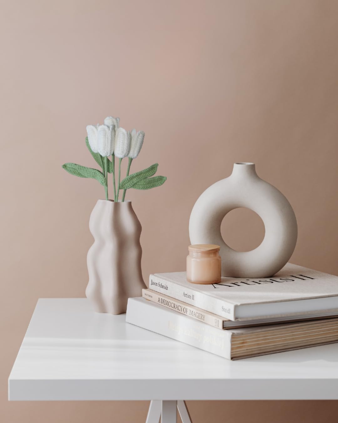 5 PCS Artificial Flowers, Crochet Flower Bouquet, Tulips, Handmade Crochet Flowers, White Tulips, Fake Flowers for Decoration, Cute Home Decor, Tulip, Tulips VooXy (Deep White)