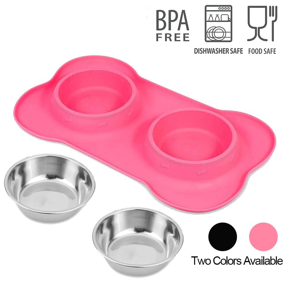 AsFrost Dog Food Bowls Stainless Steel Pet Bowls & Dog Water Bowls & Cat Bowls for Food and Water No-Spill Non-Skid Silicone Mat, Feeding Bowls with Dog Bowl Mat for Dogs Cat Dood Dish, Pink, 12oz