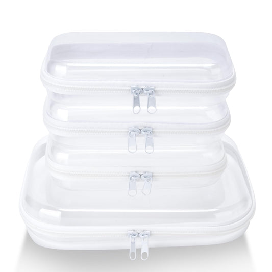 WELPIRT 4 pcs Clear Zipper Pouches,Hard Shell Zipper Case, Toiletry Bag for Travel, CLear Diaper Bag, Toiletry Pouch, Travel Organizer, Clear Cosmetic Bag,Toy Storage Bins (M+3S)
