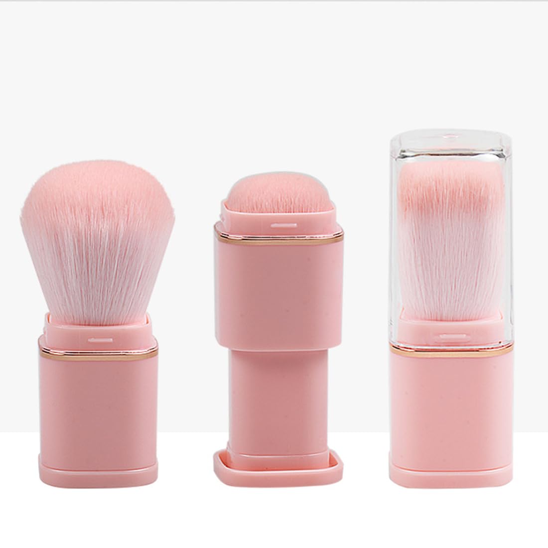 Reazana Retractable Kabuki Brushes 2pcs Powder Foundation Brush Contour Blush Bronzer Face Blender Brush Liquid Cream Mineral Buffing Blending Makeup Brushes Thick Dense Soft Synthetic Fibers (Pink)