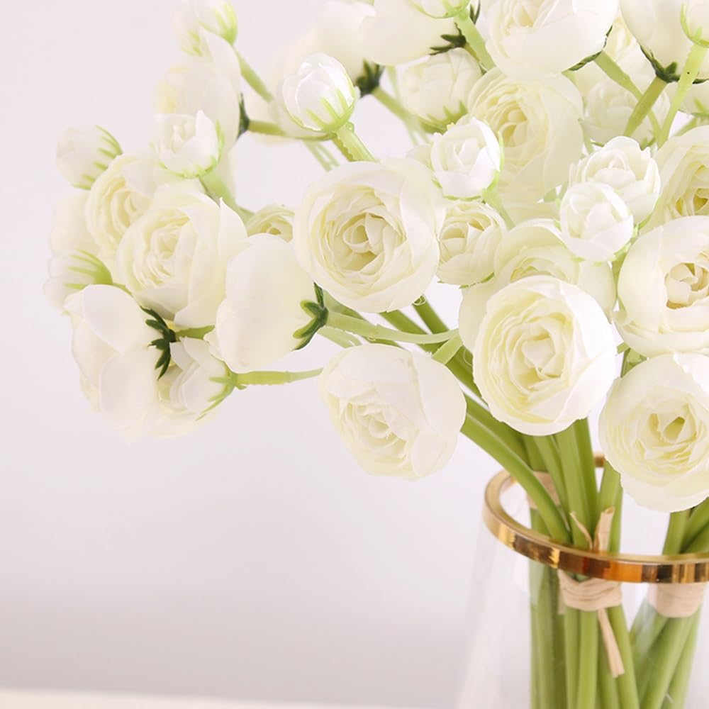 WEIDOLLAR Ranunculus Artificial Flower, 24Pcs Faux Silk Mini Ranunculus Flowers Bulk Fake Wedding Filler Flowers for DIY Bouquet Centerpieces Arrangements Bridal Shower Decorations (Ivory)