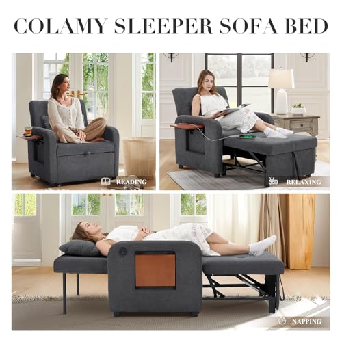 COLAMY Convertible Sleeper Chair-Fabric Futon Sofa Bed, Single Sleeper Sofa, Small Couch Bed with USB Port, Foldable Table, Pillow, Adjustable Backrest for Dorm/Bedroom/College Darkgrey