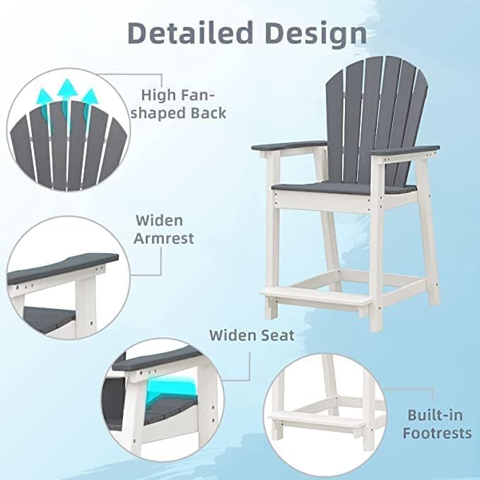 OTSUN Outdoor Tall Adirondack Chairs Set of 2, Patio Bar Stool Chair with High Back, 400lbs, Widened Arms, All-Weather Balcony Chair for Backyard, Garden, Yard - Light Grey