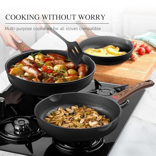 Vinchef Non Stick Frying Pan with Lid,9.5 Inch Anti Scratch Skillet Cast Aluminum Cookware, Induction Compatible Black