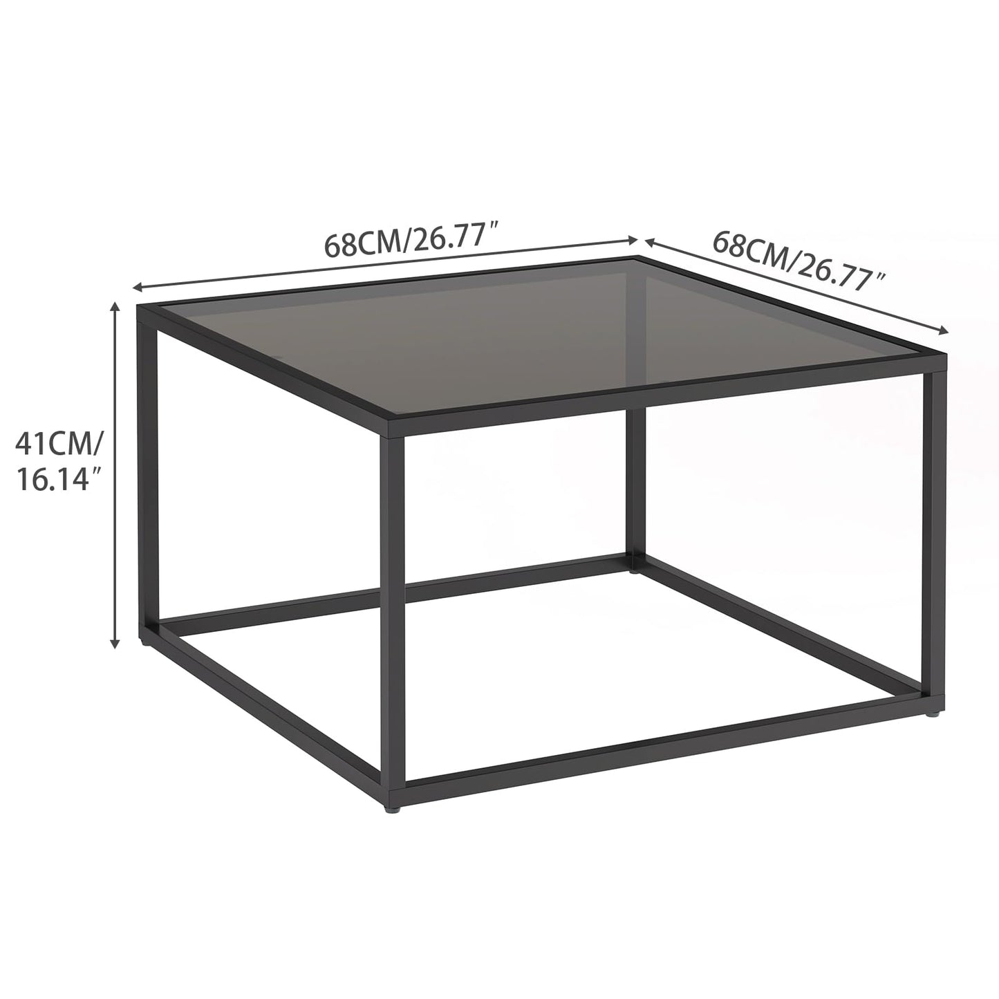 YMYNY Glass Coffee Table, Tempered Glass Square Coffee Tables with Metal Frame, Unique Modern Table for Living Room Home Office 26.77" x 26.77" x 15.75", Black, UHCT001B