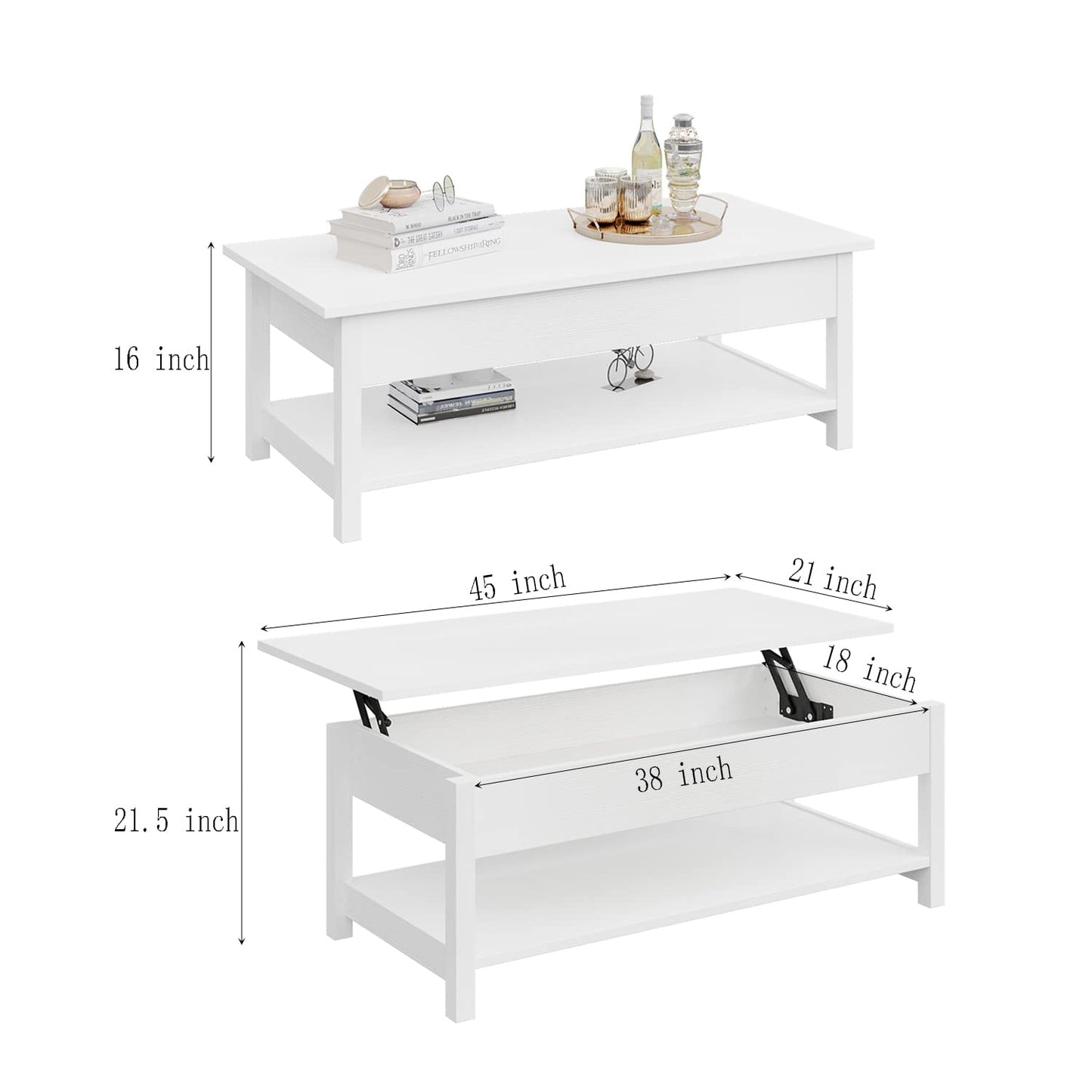 Panana Lift Top Coffee Table with Hidden Compartment and Open Shelf, Lift Tabletop Pop-Up Coffee Table for Living Room, 45.28" L, White