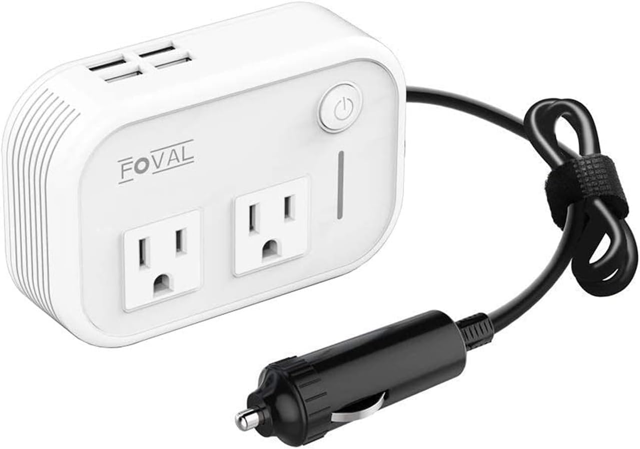 FOVAL 200W Car Power Inverter, DC 12V to 110V AC Car Outlet Adapter Plug Adapter Converter with 4 USB Ports Laptop Charger for Vehicles (White)