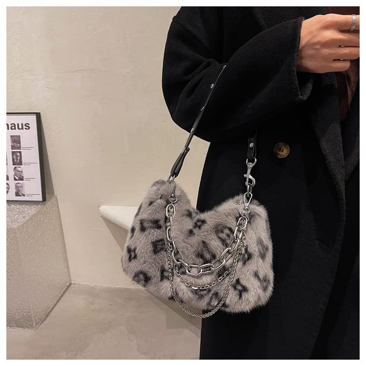 2022 New Leopard Print Plush Shoulder Cross-body Bag Fashion Chain One-shoulder Armpit Tote Y2K Purse Hobo Bag (Khaki)
