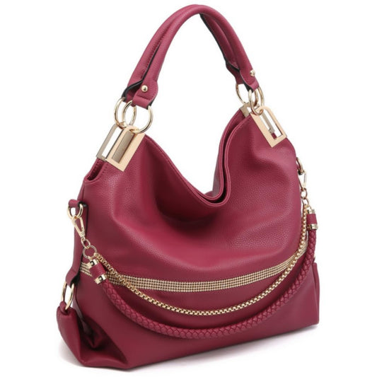 Dasein Women's Large Hobo Bag with Rhinestone Accents Vegan Leather Tote Purse Shoulder Handbag for Ladies (Wine Red)