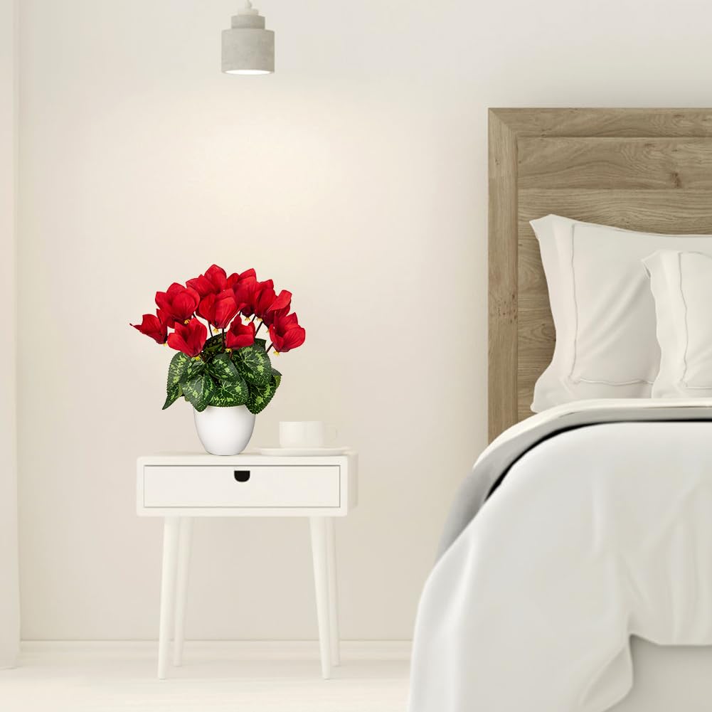 Hollyone Artificial Cyclamen Flowers Plant Potted Fake Silk Flowers Plants in White Pot Faux Red Cyclamen Flowers Arrangement Home Decor Office Bathroom Shelf Desk Decorations