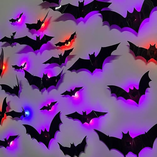 Halloween 3D Lighted Bats, 2025 Halloween Must-Have Halloweens 3D Lighted Bats, Light up Batss for Halloweenn, Glowing Halloweenr Hanging Bat Decor, 3D Bat LED Decoration (24PCS)