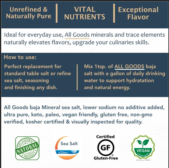 Baja Fine Grain Sea Salt, 16 oz Natural Mineral Salt from Mexico, Unrefined, Hand-Harvested, 90+ Essential Minerals, Kosher, 30% Low Sodium.