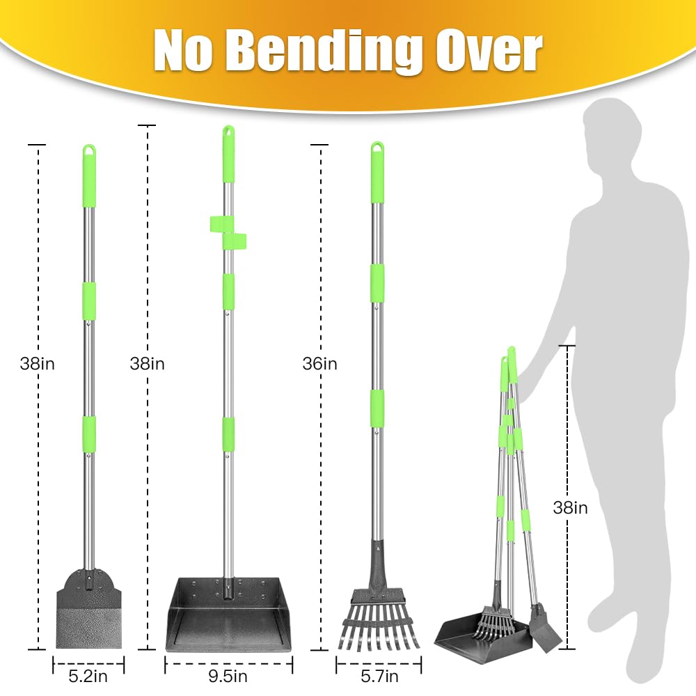 TOOGE Larger Pooper Scooper, Dog Pooper Scooper for Large Medium Small Dogs Heavy Duty Long Handle Metal Tray Rake Shovel Set for Yard Grass