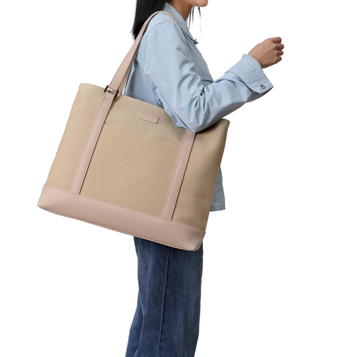 Laptop Bag for Women - Teacher Canvas Tote Bag with Compartments, Work Tote Bag for Travel Office 15.6 Inch