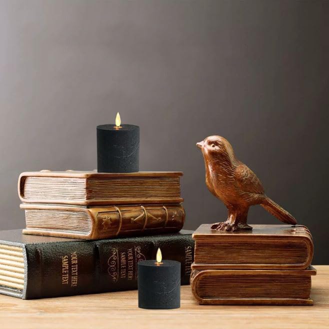 volnyus Black Flameless Candles Set of 2 (3x3 inch) Real Wax Flickering LED Candles Battery Operated with Remote Control Timers for Halloween Fireplace Livingroom Party Dimmable Pillars Flat top