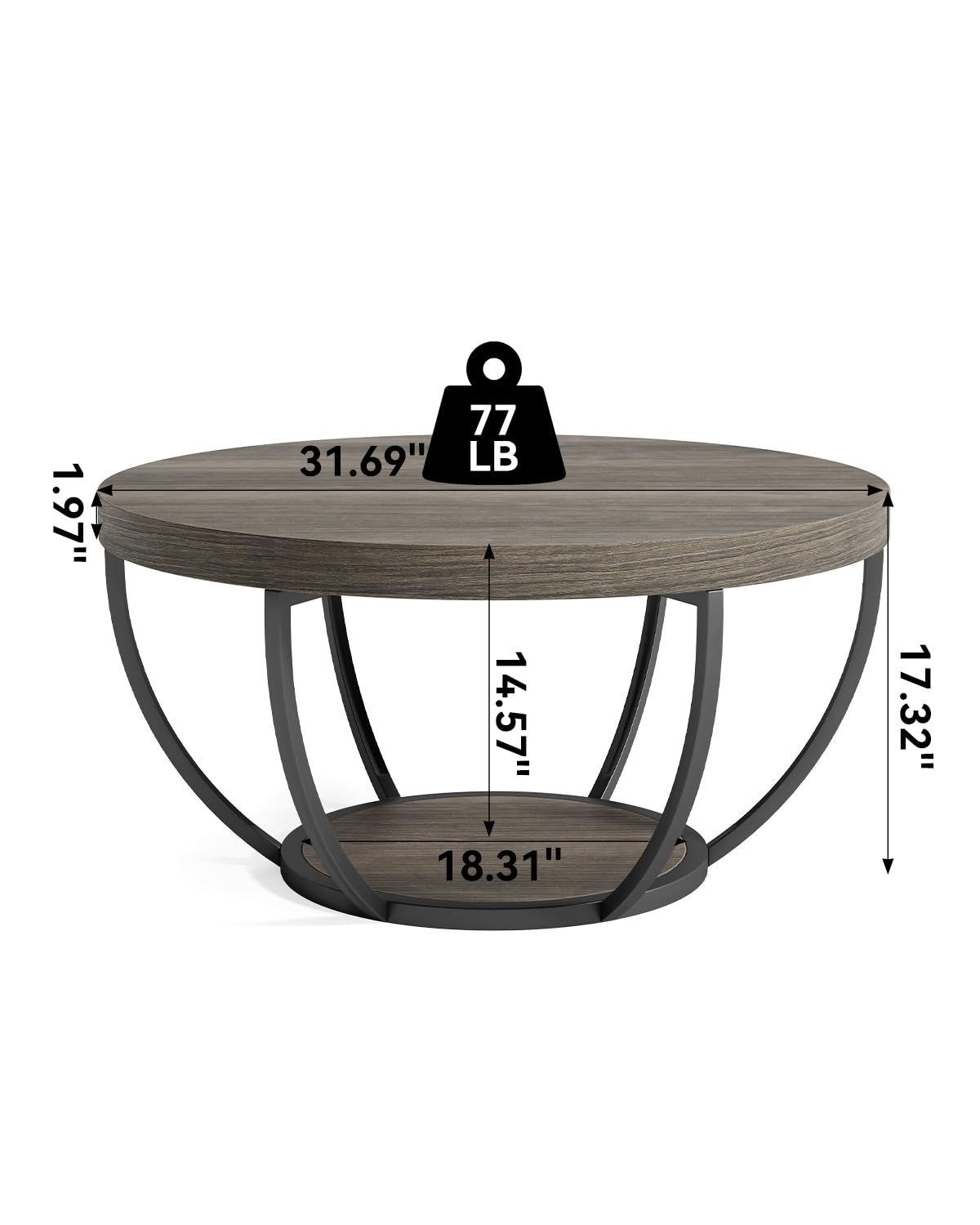 LITTLE TREE Round Coffee Table, 32" Circle Coffee Table for Living Room, 2-Tier Wood Accent Center Table with Open Storage Industrial Design Home Furniture (Grey and Black)