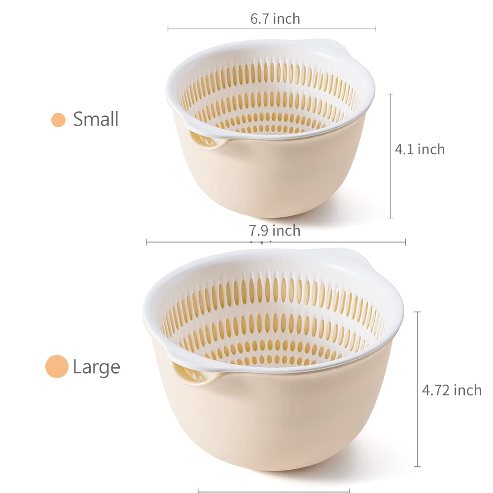 2 in 1 Kitchen Colander Set with Bowl Strainer (2 Sets 3 Qt),BPA Free Plastic Fruits and Vegetable Washing Basket,Dishwasher Friendly Double Layered Drain Basin,for Pasta Salad Berry Cleaning Mixing
