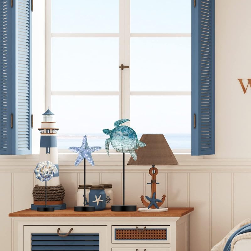 Maitys 3 Pcs Summer Ocean Tabletop Decor Standing Sea Turtle Lemon Ladybug Easter Bunny Block Wooden Table Centerpiece Sign Coastal Beach Nautical Table Decor for Home Kitchen(Ocean)