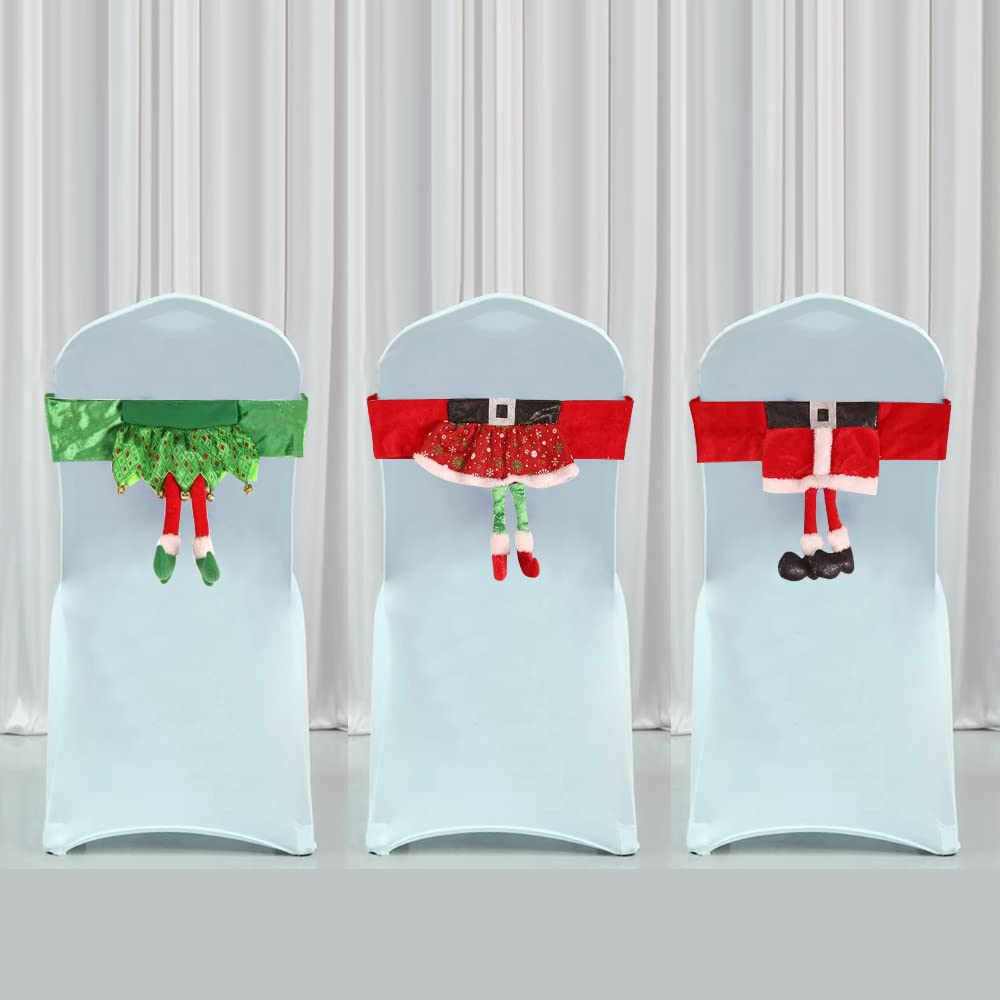 Yahpetes Chair Back Cover 3 Pcs Christmas Chair Sashes 18" X 11.8" Stretchy Xmas Dining Chair Back Covers Red Santa Claus Belt Buckle Bands Chair Slipcover Ornament Decorations