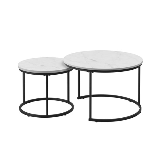 Nesting Coffee Table Set of 2 Marble Pattern with Sturdy Metal Frame Round Side Tables for Living Room and Bedroom (White)