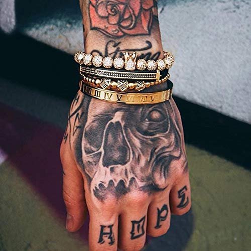 WFYOU Imperial Crown Bracelet for Men & Women, 18kt Gold Bangle, Cubic Zirconia Beads, Cross Charm, Luxury Gift (Gold-Large)