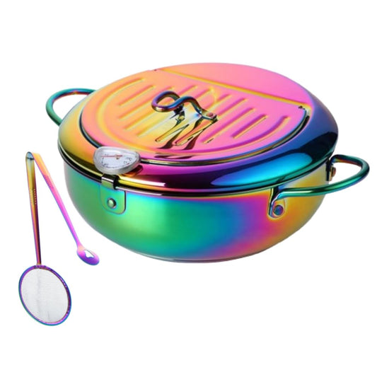 Stainless Steel Deep Fryer for Home, 115Oz Tempura Fryer Pot w/Thermometer and Oil Drip Rack Lid, Japanese Style Deep Frying Pan w/Strainer Clip, for Tempura chips, Fish, and Chicken (Rainbow Color)