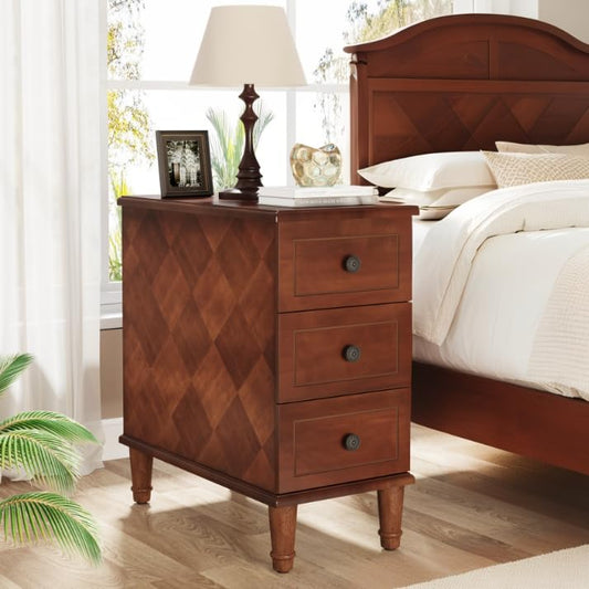 Tribesigns Solid Wood Night Stand with 3 Drawers, Vintage End Table with Storage, Walnut Side Table with Retro Metal Handles, Narrow Bedside Stand for Living Room, Bed Room (Free-Installation)