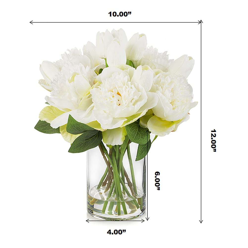 ENOVA FLORAL Artificial Flower Arrangement with Vase, Faux Flower in Vase, Mixed Artificial Real Touch Tulip and Fake Silk Peony Flower in Vase for Decoration Home Office(Cream)