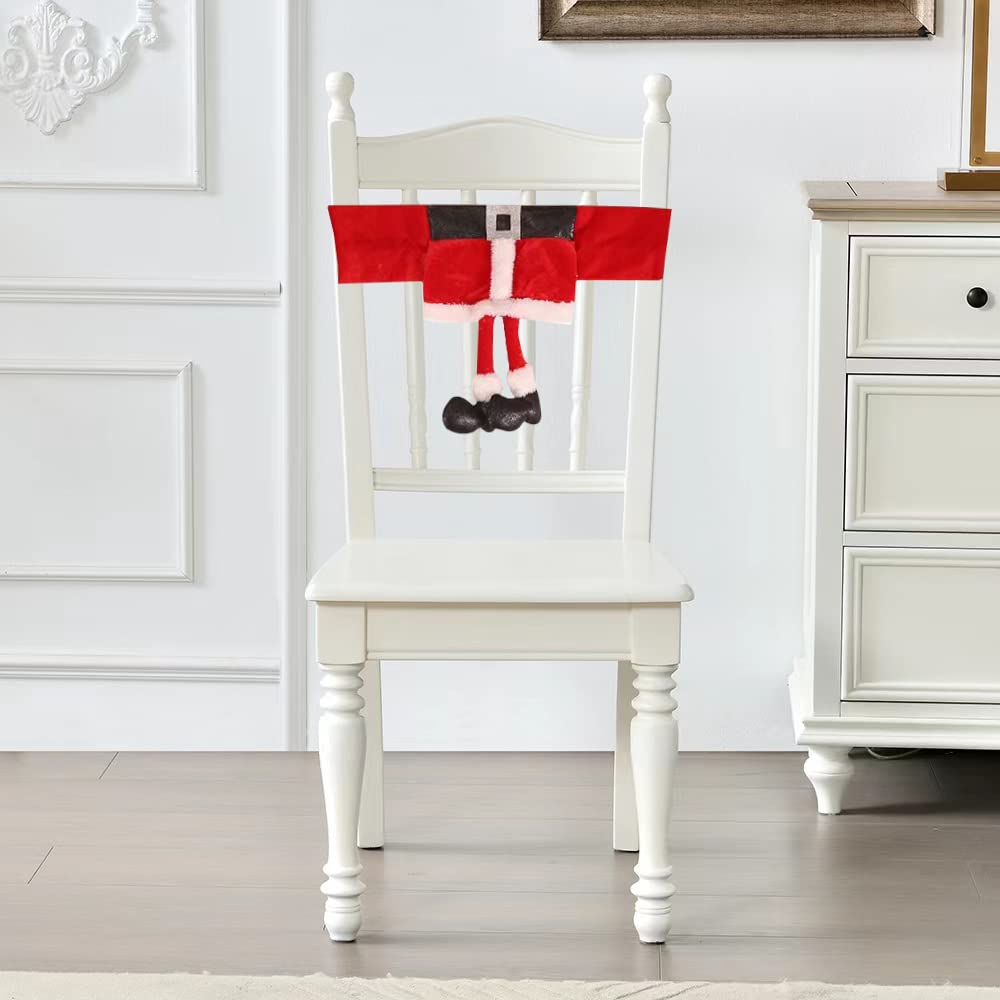 Yahpetes Chair Back Cover 3 Pcs Christmas Chair Sashes 18" X 11.8" Stretchy Xmas Dining Chair Back Covers Red Santa Claus Belt Buckle Bands Chair Slipcover Ornament Decorations